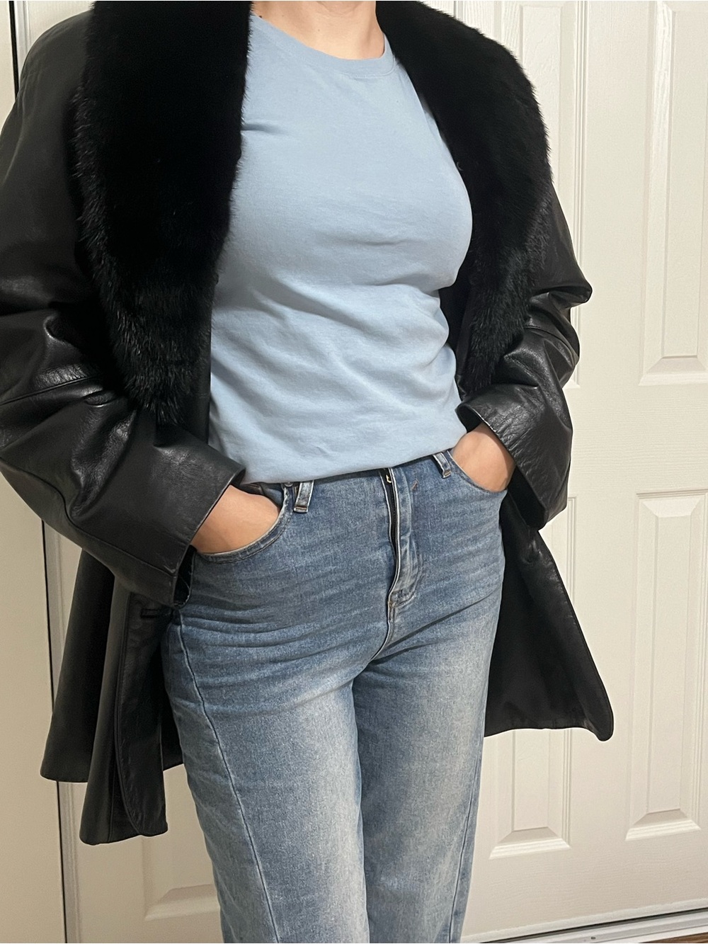 Vintage Black Faux Leather Trench Coat with Black Fur Collar